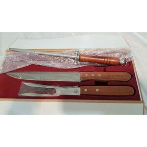 Niagara Cutlery Carving Set x3 Knife Sharpener Fork stainless wood Aztec NIB
